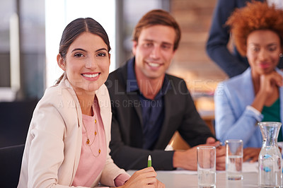 Buy stock photo Cropped portrait of businesspeople in a meeting