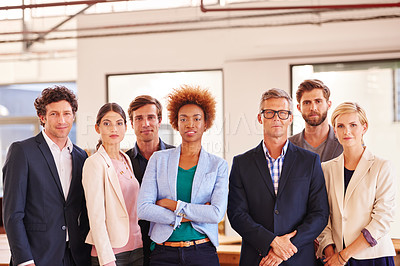 Buy stock photo Cropped portrait of businesspeople standing in an office