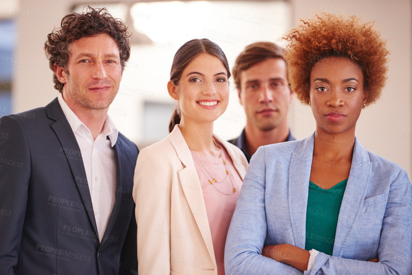 Buy stock photo Cropped portrait of businesspeople standing in an office