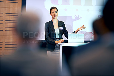 Buy stock photo Business woman, talking and presentation with projector screen, conference or workshop with laptop for slideshow. Corporate training, seminar and speaker with info, audience and professional speech