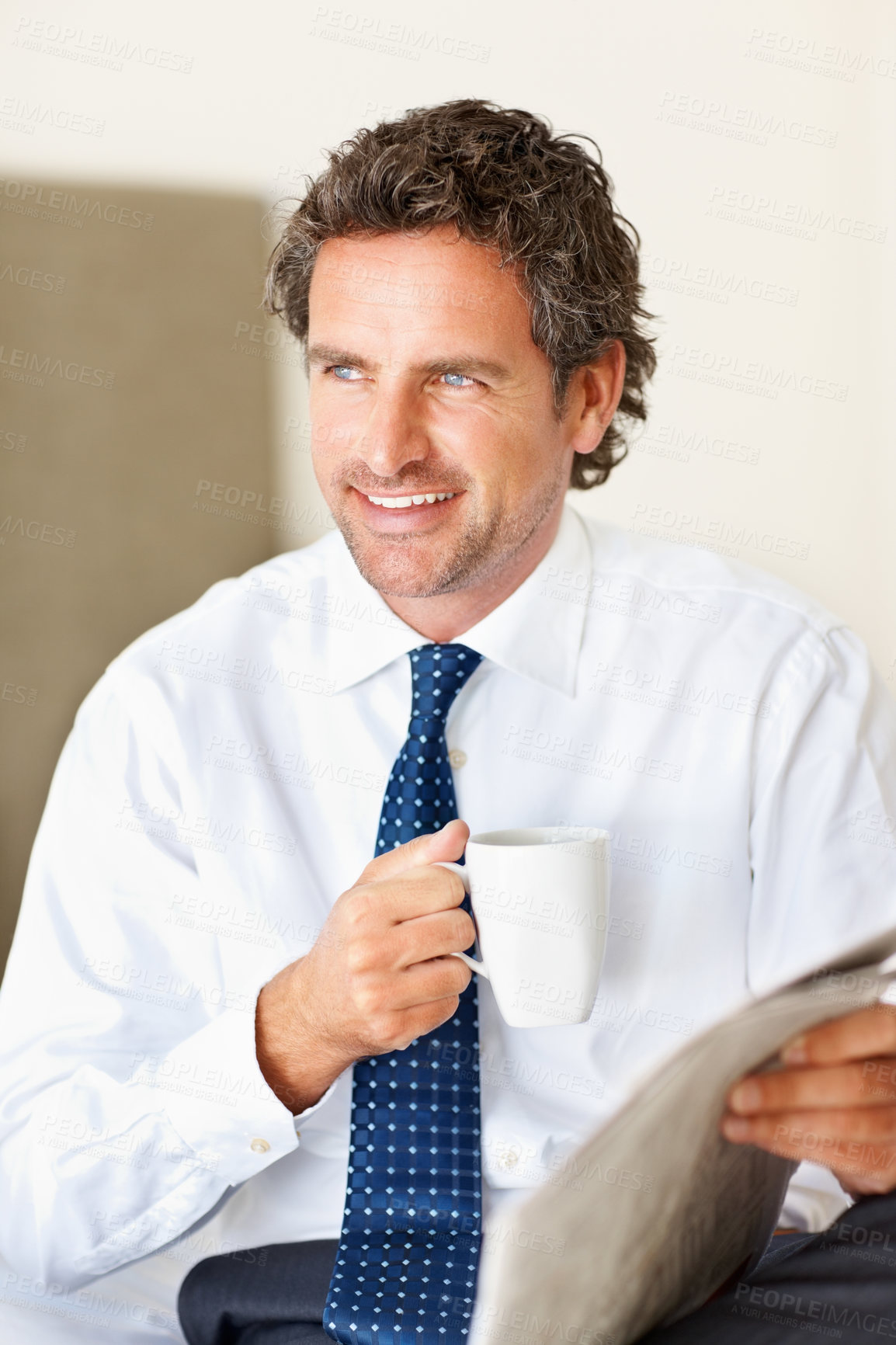 Buy stock photo Businessman, thinking and happy with coffee or newspaper in bedroom of home for morning routine and news. Entrepreneur, person and face with article, cappuccino or espresso for story and information