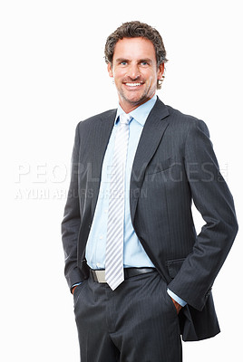 Buy stock photo Portrait, happy business man and corporate accountant in studio for consulting, professional entrepreneur and executive management. Mature manager, financial consultant and broker on white background