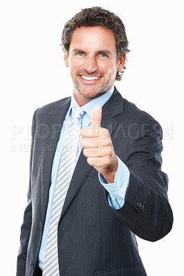 Buy stock photo Corporate man, thumbs up and portrait in success, support and yes or like emoji isolated on a white background. Face of mature person or business winner with thank you, vote or good job in studio