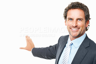 Buy stock photo Portrait, business man and presentation in studio of advertising, choice and mockup space on white background. Happy mature entrepreneur pointing to show launch, promotion and information about us
