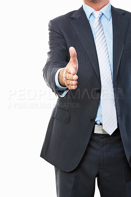 Buy stock photo Shaking hands, business offer and studio meeting for job interview, introduction or hiring agreement. Corporate person or employer with client POV handshake, hello and welcome on a white background