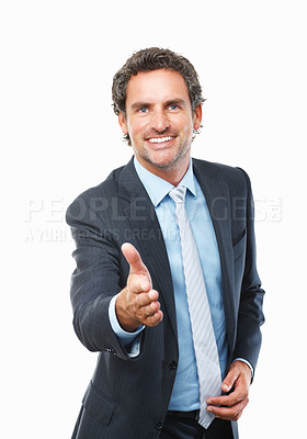 Buy stock photo Business man, handshake offer and portrait in studio for meeting introduction, job interview and hiring. Face of corporate boss, employer shaking hands and welcome in client POV on a white background