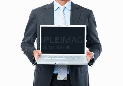Buy stock photo Business hands, laptop screen and mockup for advertising website, stock market sign up or presentation in studio. Professional person with computer space or trading registration on a white background