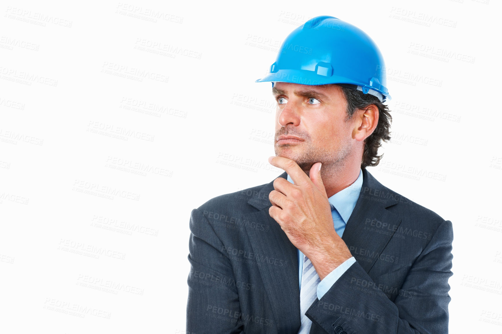 Buy stock photo Architecture, thinking and man in studio with project mockup, construction inspection or real estate planning. Mature manager or engineering expert with design ideas and goals on a white background
