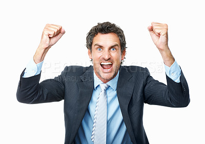 Buy stock photo Excited business man, portrait or fist for success, celebrate deal or winning promotion in studio on white background. Happy mature entrepreneur, giveaway prize winner or reward for bonus achievement