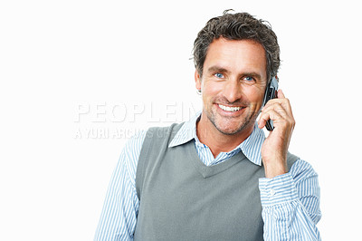 Buy stock photo Happy, phone call and mature businessman in studio for corporate communication or discussion. Smile, technology and professional male person on mobile conversation with cellphone by white background.