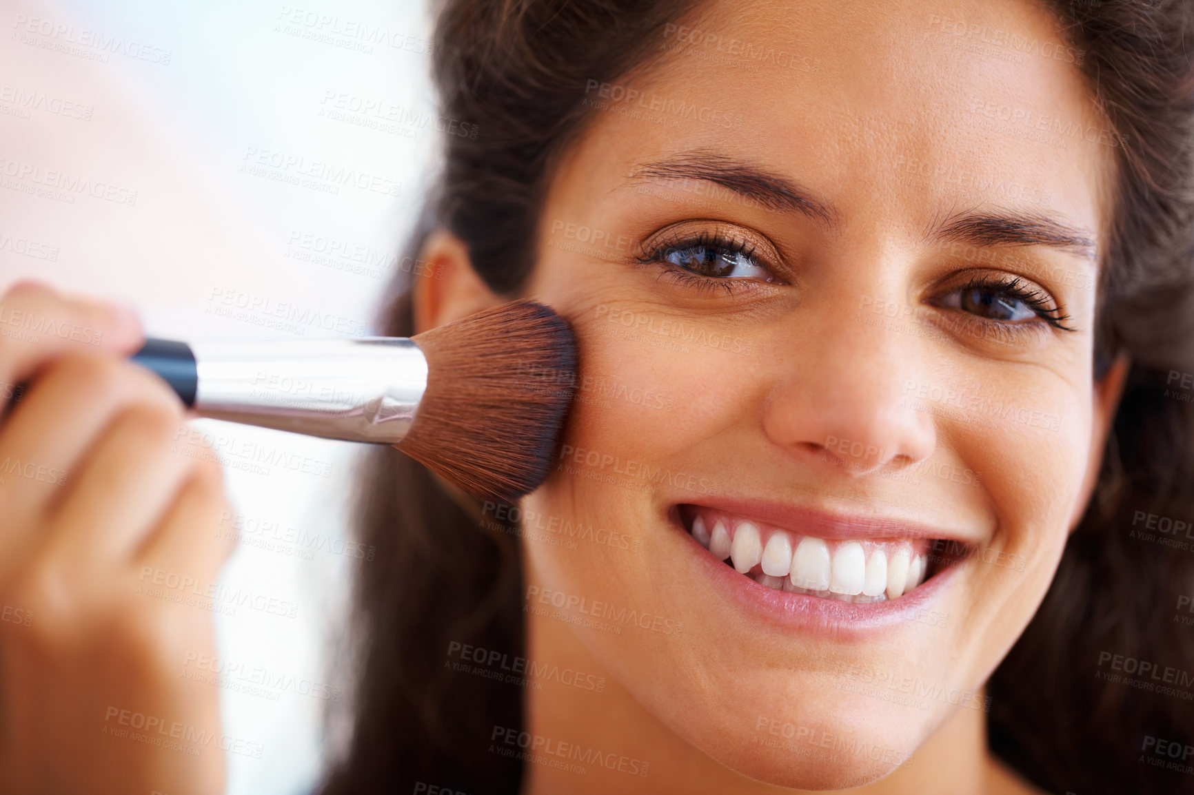 Buy stock photo Makeup, beauty and cosmetic brush of a woman with a happy smile and cosmetics. Portrait of a young female face with clean healthy teeth, beautiful skin and good dental hygiene feeling happiness