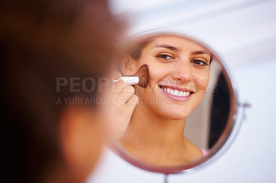 Buy stock photo Woman, face and makeup brush with mirror for beauty, cosmetics and facial skincare with happy in home. Person, smile and glow application with product and hand for wellness, cosmetology and aesthetic