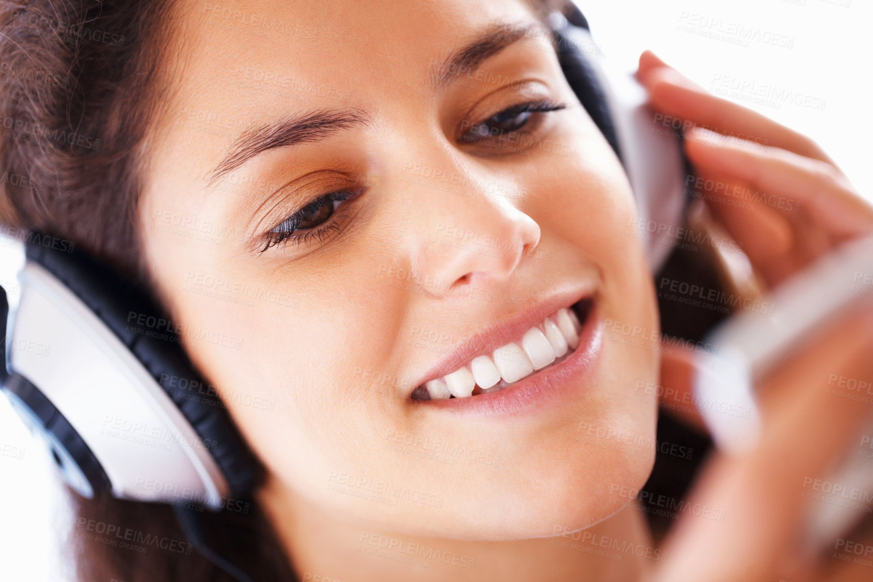 Buy stock photo Happy girl, headphones and streaming music or podcast to relax in free time on the weekend. Beautiful and cute teen  listening to audio playlist on smartphone with headset for study break.