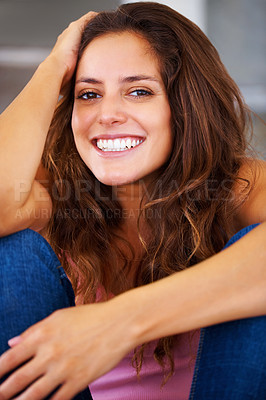 Buy stock photo Portrait, happy and woman relax in home, positive or comfort in living room in Australia. Face smile, person or young girl in house, confidence or natural beauty in profile picture at apartment alone