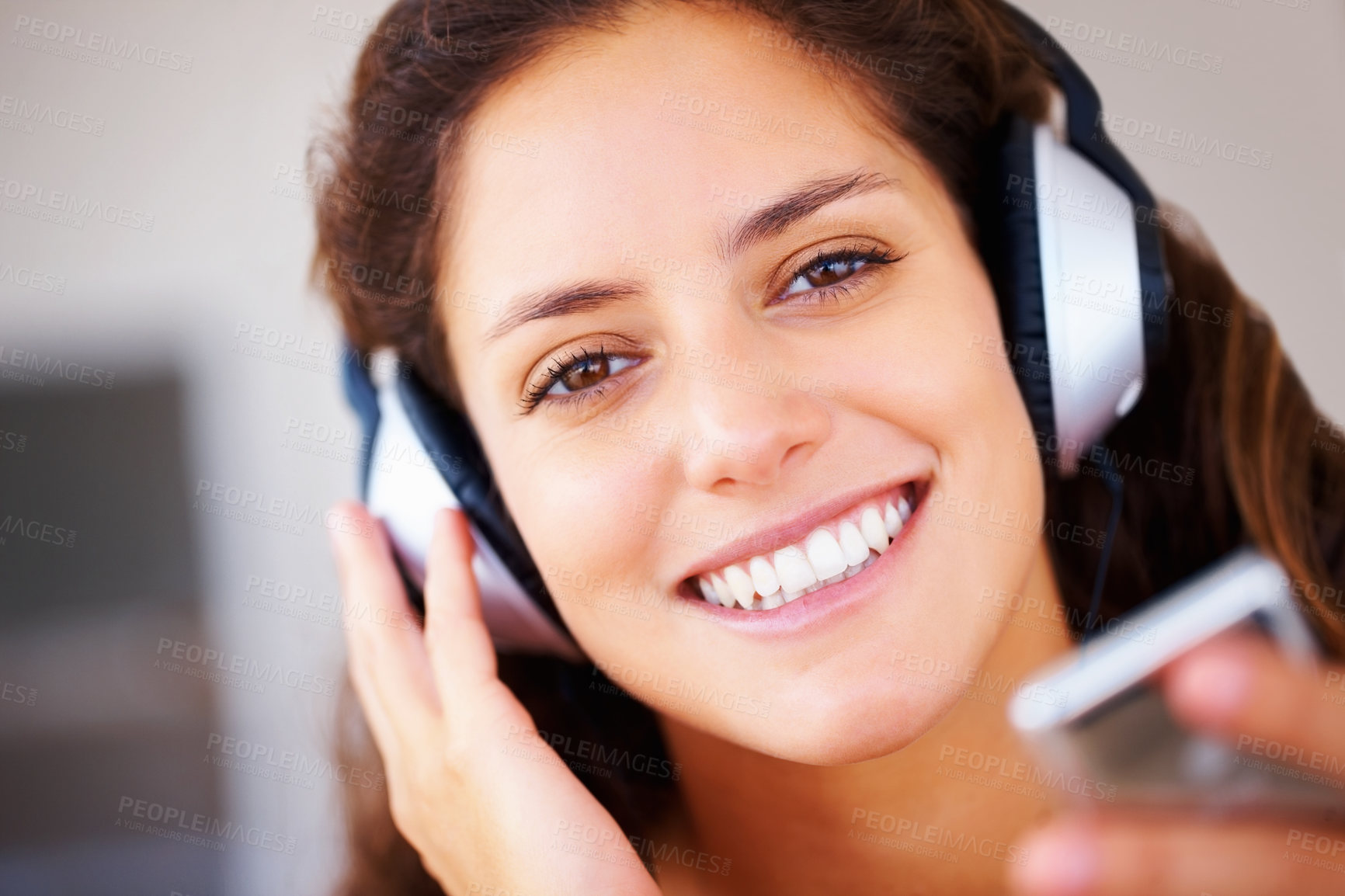 Buy stock photo Music headphones, player and portrait with woman listening to playlist track, audio podcast or wellness sound. Closeup face, happiness and person smile for multimedia, song or streaming radio network