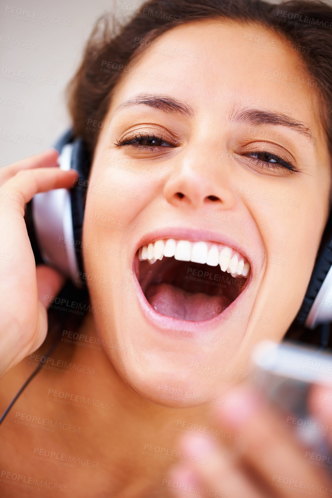 Buy stock photo Music headphones, portrait and happy woman singing, excited and streaming track, audio podcast or playlist sound. Closeup shouting face, energy and singer voice, noice and listen to radio player