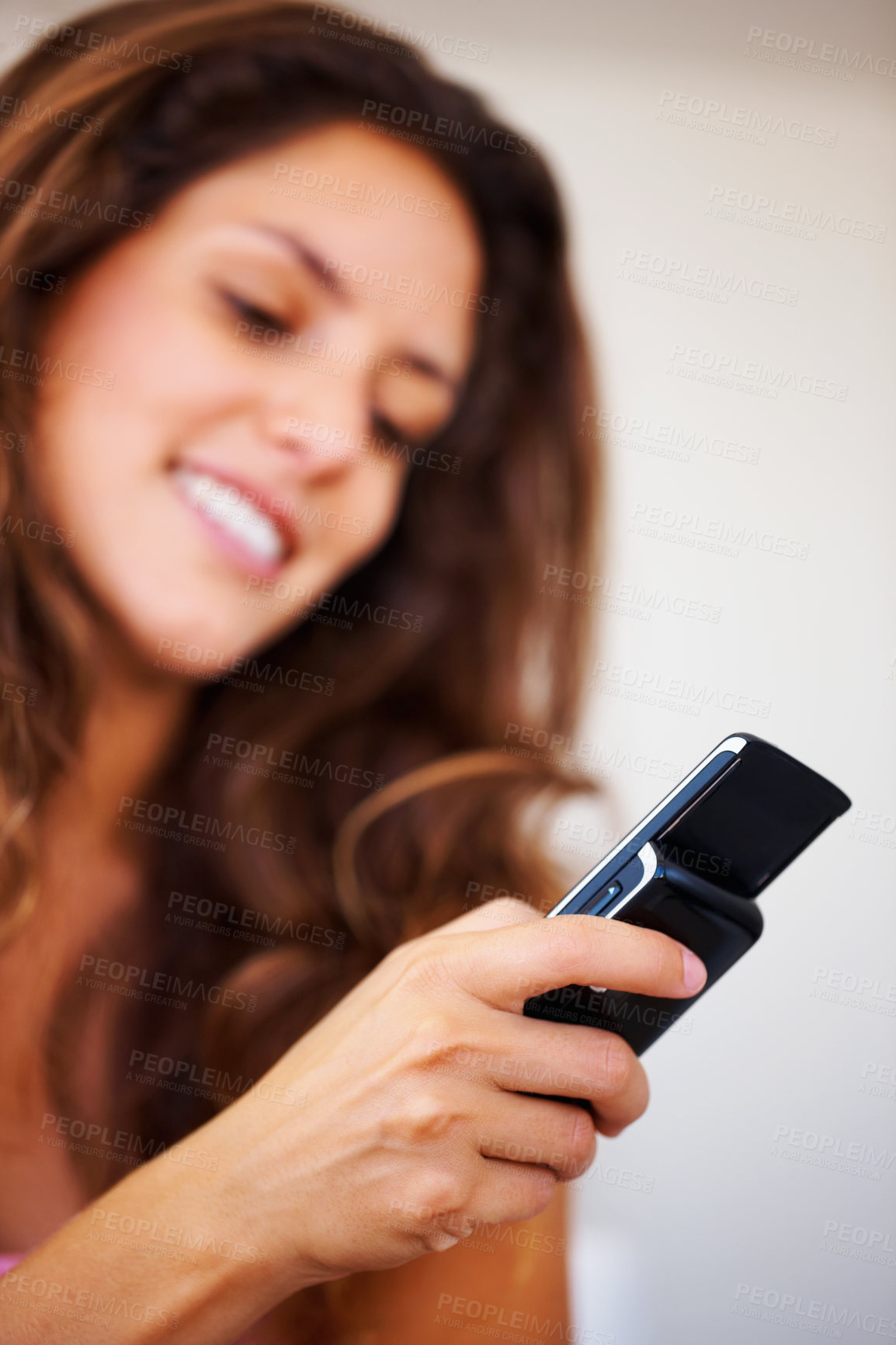 Buy stock photo Phone internet, social media and web search of a woman with a happy smile texting. Mobile network communication, reading and typing a online message, email or text having a cyber conversation
