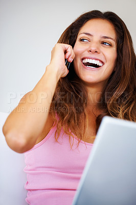 Buy stock photo Remote, working and freelance woman with phone call talking, networking and online communication or conversation on laptop technology. Smile, success and excited person with smartphone for contact us