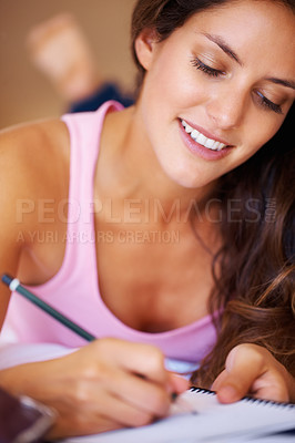 Buy stock photo Female student and writing in diary in bedroom with idea for vision of future. Young, woman and creative with notebook for journaling, goals or aspiration in home for peace, wellness or relaxing