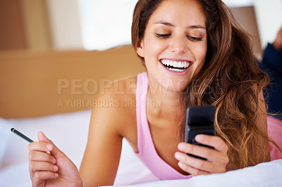 Buy stock photo Happy woman, laugh and smartphone for social media, post or meme with funny joke. Female student, smile and mobile app for connectivity by cellular network for message, chat or texting on internet