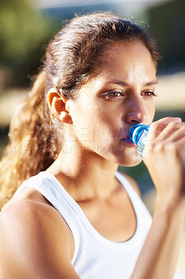 Buy stock photo Fitness, drinking water and woman outdoor for running, wellness or training in park closeup. Sports, liquid and face female runner outside for exercise, workout or morning, cardio or run in nature