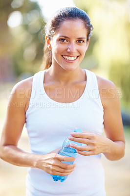 Buy stock photo Portrait, fitness or happy woman with water in a park for running, wellness or training with bokeh. Sports, liquid and face of female runner in nature for exercise with positive mindset and energy