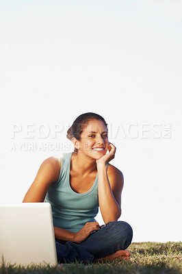 Buy stock photo Portrait, smile and woman on lawn with laptop for internet research, scholarship and studying for assessment. Computer, happy and student girl on grass with online class for education and information