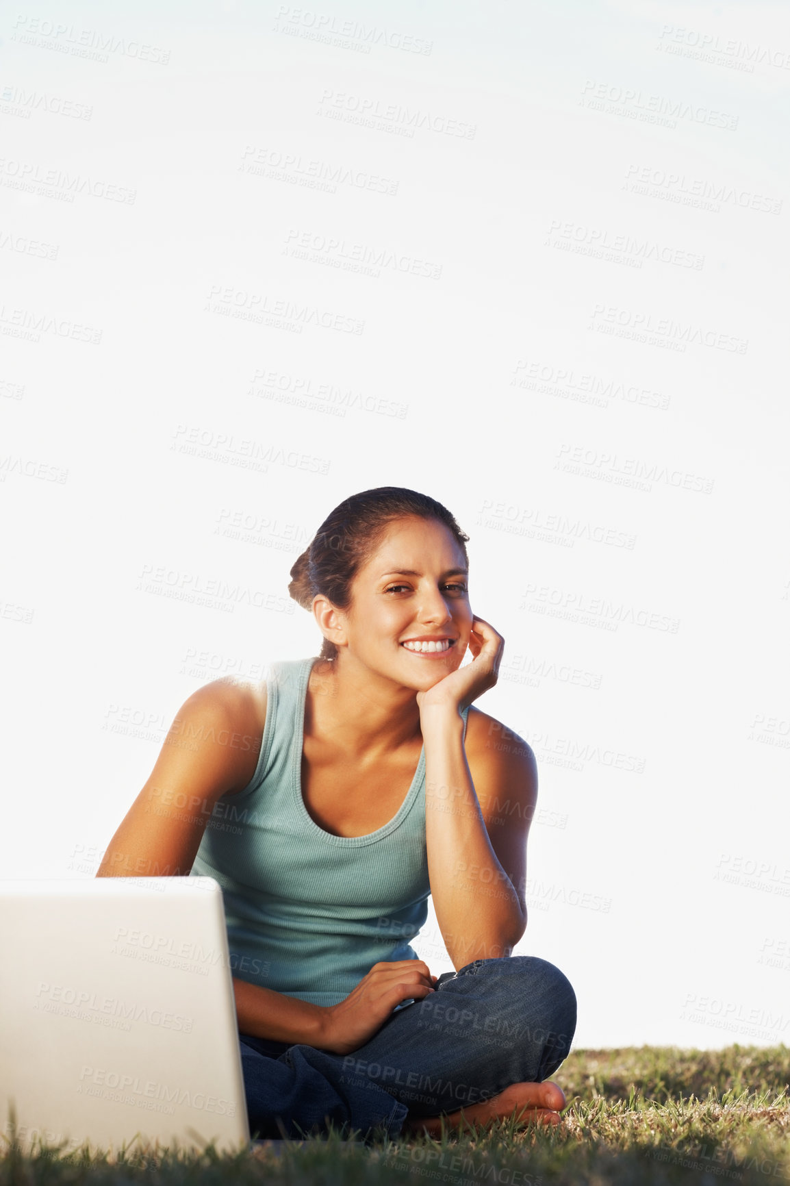 Buy stock photo Portrait, smile and woman on lawn with laptop for internet research, scholarship and studying for assessment. Computer, happy and student girl on grass with online class for education and information