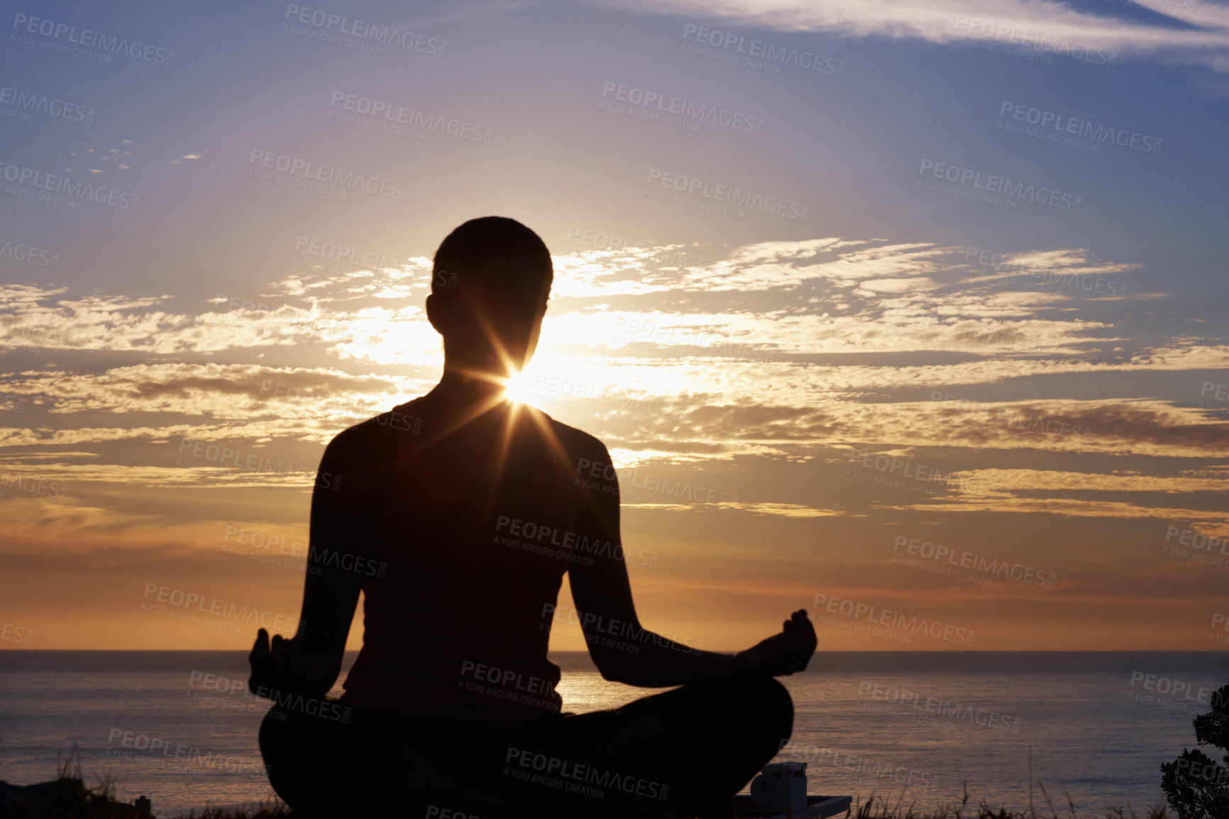 Buy stock photo Person, meditation and yoga in beach sunset for zen fitness, calm exercise and mindfulness or holistic wellness in silhouette. Back and nature with lotus hands, outdoor peace and mental health by sea