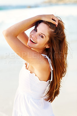 Buy stock photo Portrait, beach or happy woman on vacation to relax on outdoor holiday for break or paradise in Ibiza. Tourist, girl or female person with smile at ocean, nature or sea with peace, wellness or travel