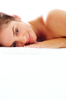 Buy stock photo Woman, peaceful and rest with skincare or dermatology in white background for health, wellness or beauty. Female person, smile and relax in mockup space for cosmetology or hygiene with happiness