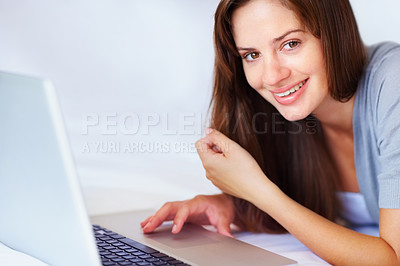 Buy stock photo Home, portrait and woman with a laptop, smile and connection with happiness, network and relax. Face, person and girl with a computer, internet and website information with a break and technology