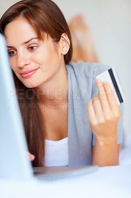 Buy stock photo Home, woman and credit card with a laptop, ecommerce and connection with a smile, buying and payment. Person, bedroom or girl with a computer, online shopping and transaction with subscription or app