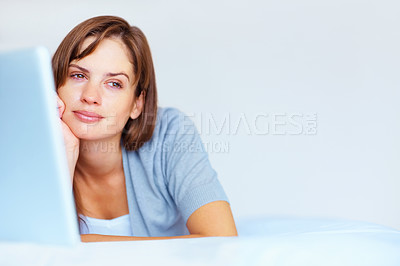 Buy stock photo Relax, laptop and woman on bed thinking of email, social media or online chat website in home. Computer, morning and girl with mockup, networking idea or internet search for communication in bedroom.