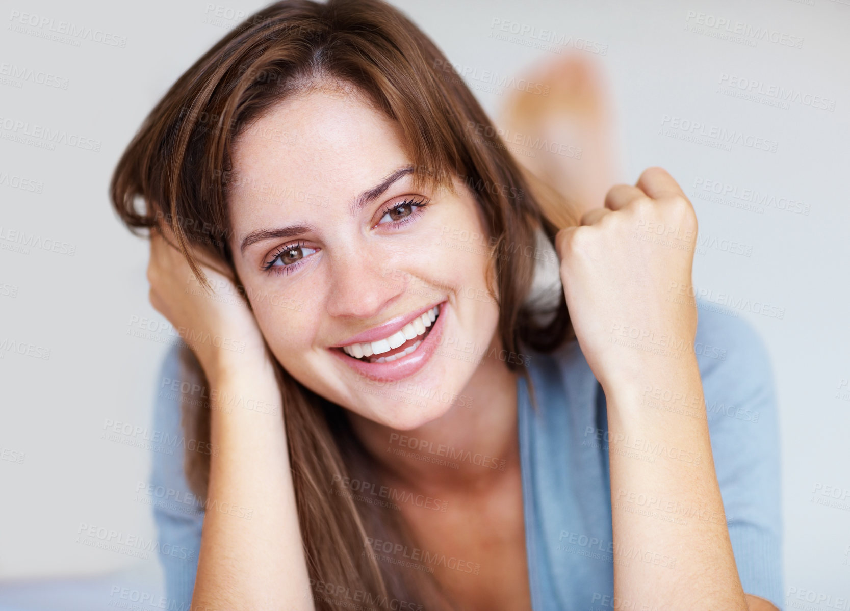 Buy stock photo Relax, laugh and portrait of woman on bed for resting, dreaming and comfortable at home. Smile, happy and face of person in bedroom lazy, nap and wake up for health, wellness and calm in morning