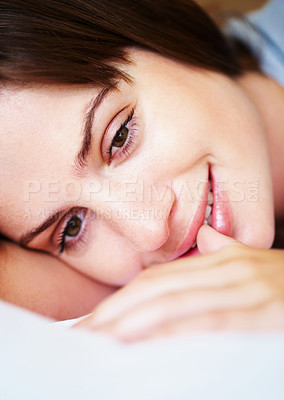 Buy stock photo Thinking, smile and woman on bed in morning for sleeping, dreaming and comfortable at home. Happy, thoughtful and face of person in bedroom resting, nap and wake up for health, wellness and calm