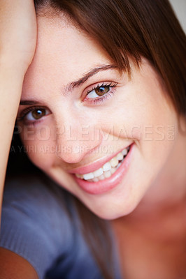 Buy stock photo Happy, closeup and portrait of woman with beauty and positive attitude, confidence and smile in home. Attractive, relax and face of person with joy, cheerful and excited facial expression in house