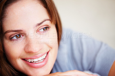 Buy stock photo Woman, thinking and relax closeup for happy weekend rest, lazy holiday nap or calm peace. Female person, smile and thoughts for wellness cozy or comfort idea on vacation, morning break in apartment