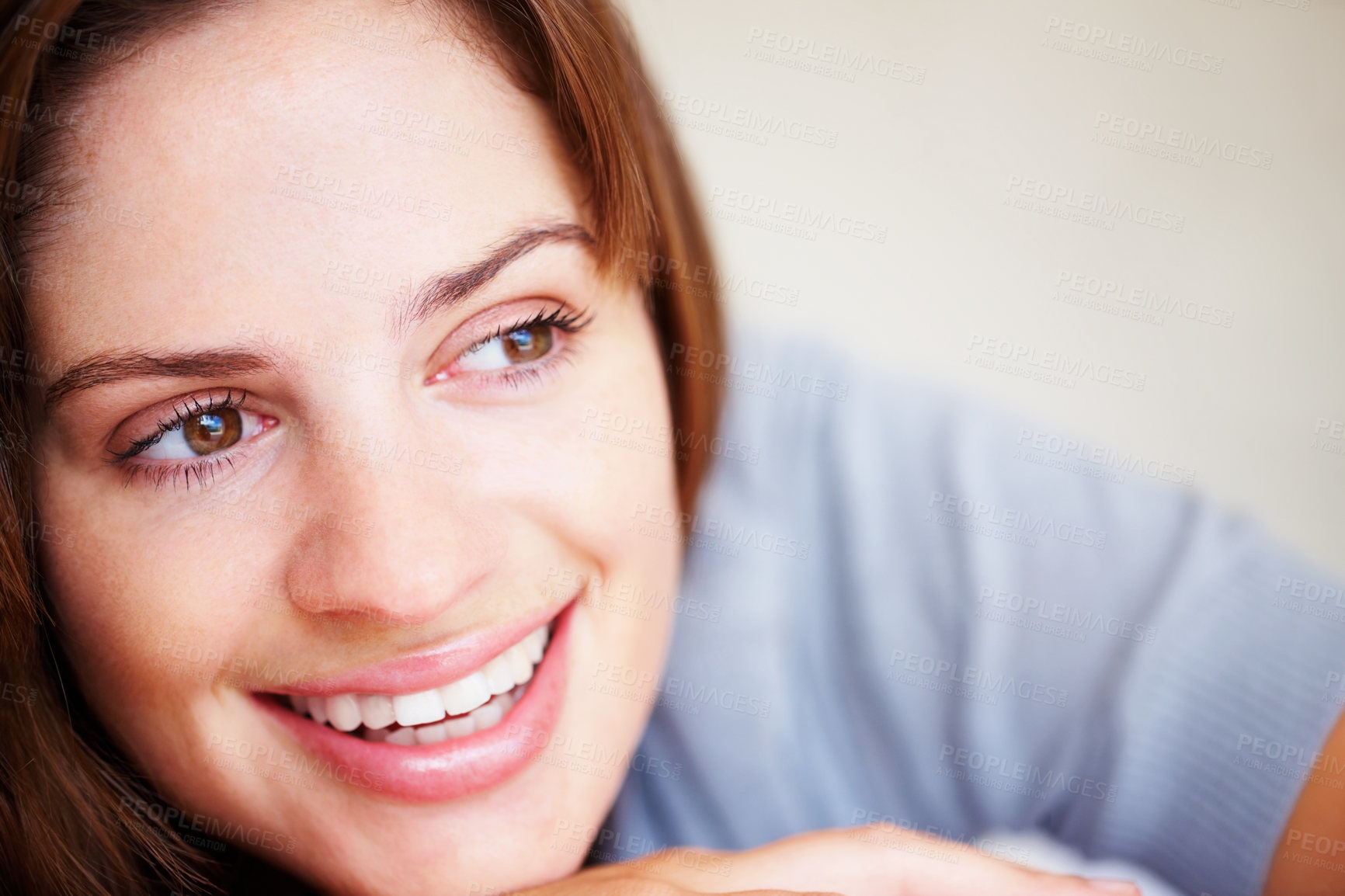 Buy stock photo Woman, thinking and relax closeup for happy weekend rest, lazy holiday nap or calm peace. Female person, smile and thoughts for wellness cozy or comfort idea on vacation, morning break in apartment