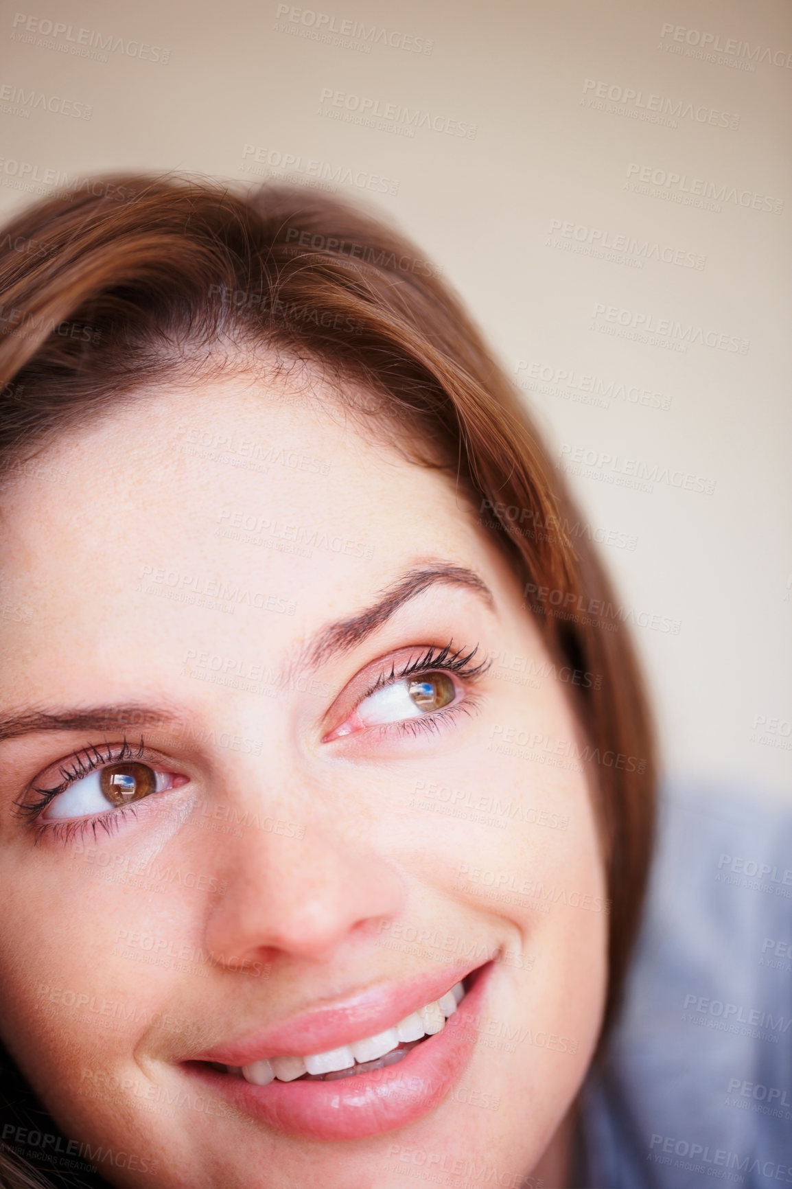 Buy stock photo Woman, thinking and smile or closeup happy weekend rest, lazy holiday nap or calm peace. Female person, relax and thoughts for wellness cozy or comfort idea on vacation, morning break in apartment