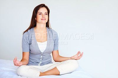 Buy stock photo Yoga, meditation and woman with peace in bedroom or spiritual zen in morning from breathing. Calm, lotus and mindfulness exercise in home with person to relax with benefits of self care in mockup