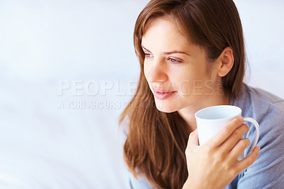 Buy stock photo Thinking, morning and woman with coffee in home for refection, thoughtful and relax. House, apartment and person with mug for warm beverage, tea and caffeine drink in bedroom for calm and wellness