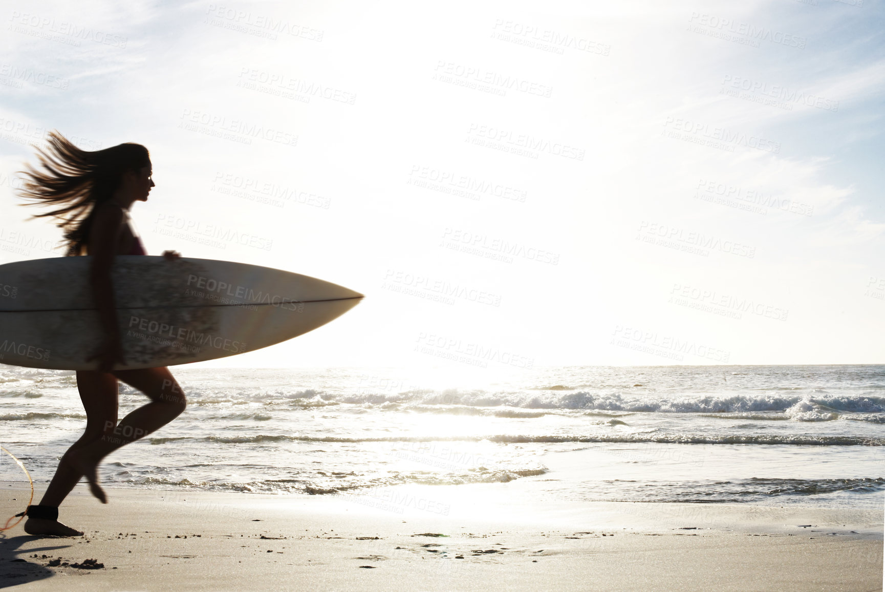 Buy stock photo Silhouette, woman surfer run on beach sand and sea, exercise outdoor with surfboard to surf in nature. Sport, shadow and sun with female person running to ocean waves for surfing and mockup space