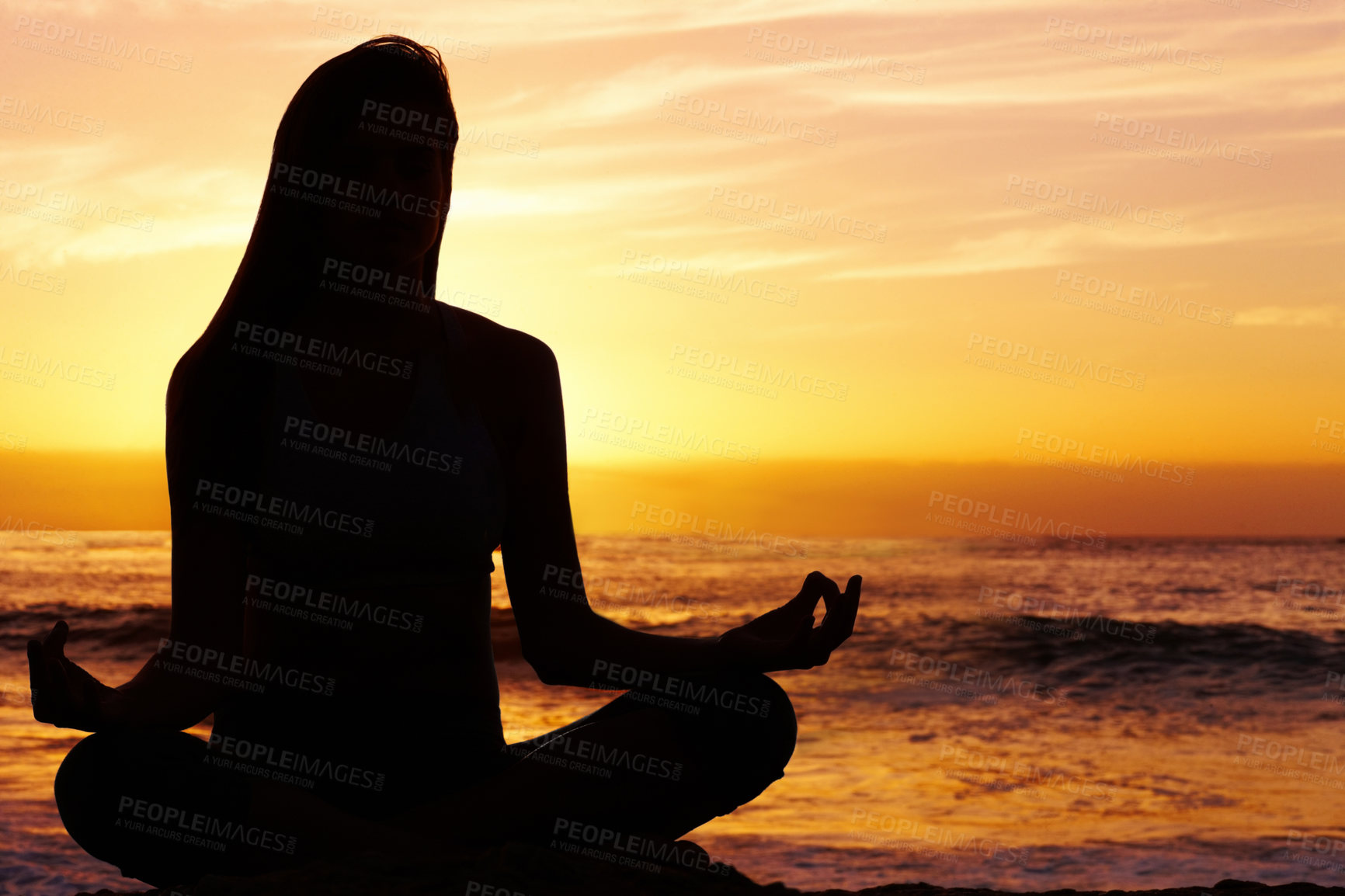 Buy stock photo Silhouette, yoga and person at beach for meditation, wellness and mindfulness in outdoor nature. Sunset, zen peace or calm yogi on sand at sea or ocean for awareness, balance or spiritual lotus pose