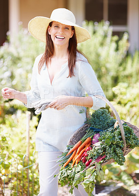 Buy stock photo A gorgeous woman holds a basket of freshly picked vegetables in her garden