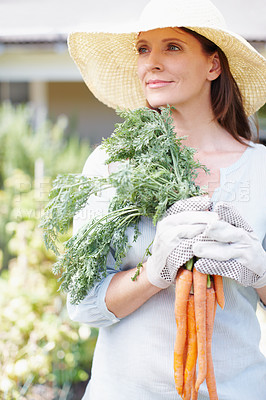 Buy stock photo A beautiful woman, wearing gardening gloves and a straw hat, holds a bunch of carrots while looking to the side