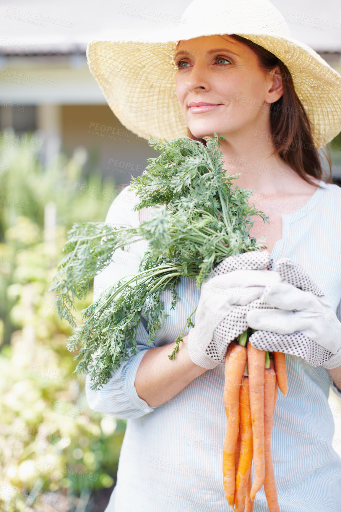 Buy stock photo Woman thinking, vegetables or gardener in backyard for food fresh crops in agriculture or outdoor nature. Farmer, diet ideas and organic carrots growth for harvest, sustainability or farming produce