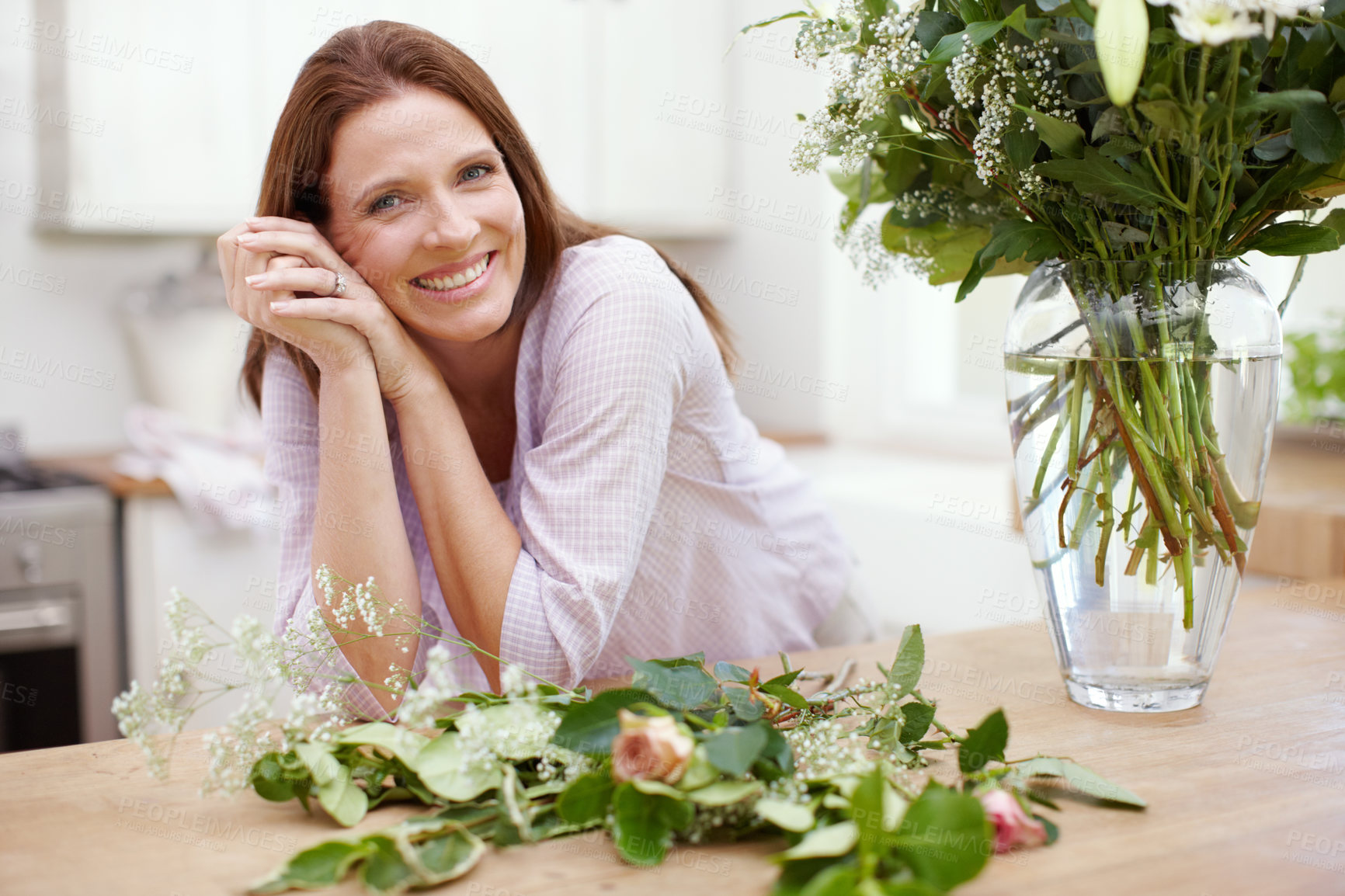 Buy stock photo Smile, portrait and woman with flowers in vase for present, bouquet and growth with gift or gardening. Floral, entrepreneurship and florist with plants, nature and arrangement at small business work