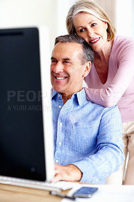 Buy stock photo Financial, planning or senior couple with computer in home for retirement savings or pension budget. Hug, finance news or mature man with a happy woman for house bills, profit growth or research