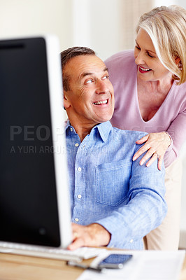 Buy stock photo Financial, planning or mature couple with computer in home for retirement savings or pension budget. Hug, finance news or senior man talking to happy woman for house bills, profit growth or research